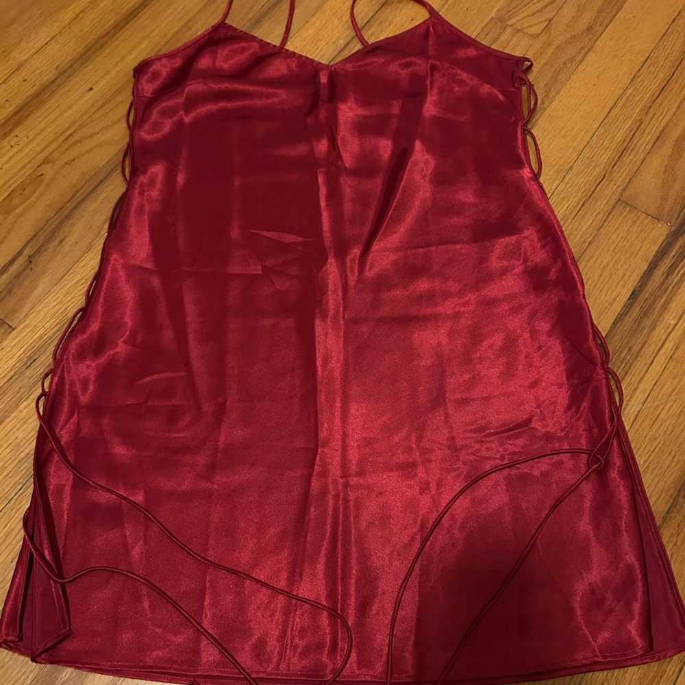 Victoria's Secret Deep Red Satin Chemise with Lace-Up Sides